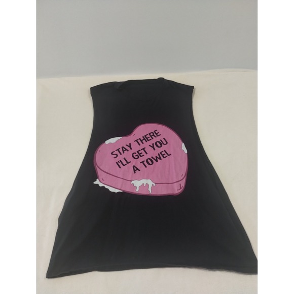 'Stay there I'll get you a towel' open arm sleeve tank top black pink heart - Picture 5 of 5